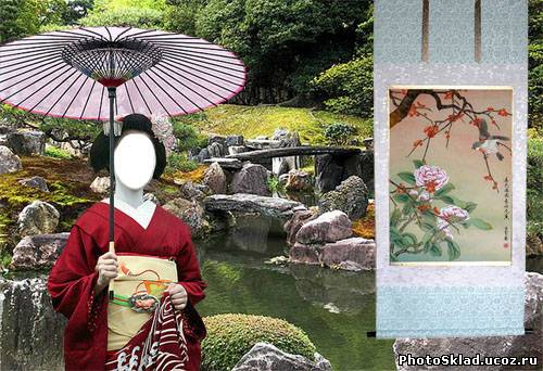 Шаблон Гейша в красном кимоно в саду камней